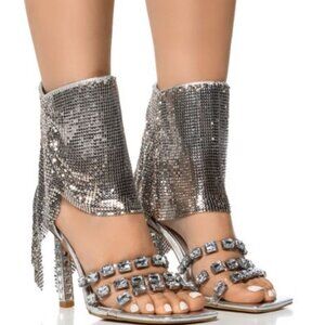 AZALEA WANG " CHANEL SHIMMER "CHAINMAIL STILETTO WEDGE SANDAL  SILVER(BRAND NEW!